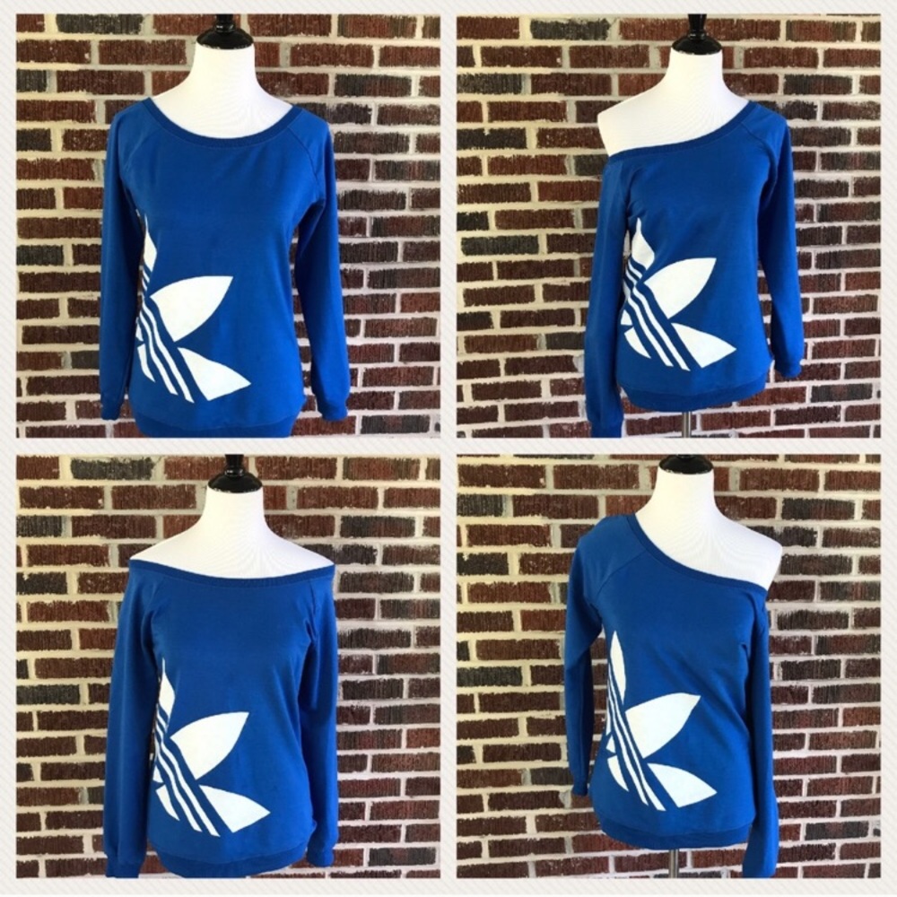 adidas Blue Off-Shoulder Sweatshirt with White Trefoil Logo